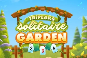 木製のアーチに「TRIPEAKS SOLITAIRE GARDEN」と書かれたタイトルと、前景にトランプのカードがある明るい庭の風景。