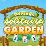 木製のアーチに「TRIPEAKS SOLITAIRE GARDEN」と書かれたタイトルと、前景にトランプのカードがある明るい庭の風景。