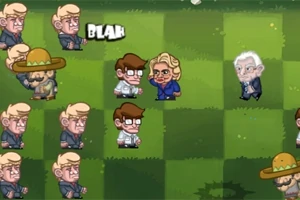芝生の上に複数のキャラクターが並び、中央に「BLAH」というテキストが表示されている。