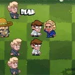 芝生の上に複数のキャラクターが並び、中央に「BLAH」というテキストが表示されている。