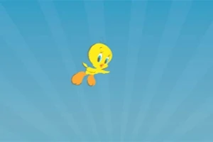 青い背景に黄色い小さな鳥のキャラクターが飛んでいる。