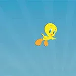 青い背景に黄色い小さな鳥のキャラクターが飛んでいる。