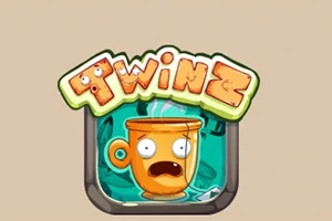 双子のような文字「Twinz」と驚いた表情のオレンジ色のカップが描かれたイラスト。