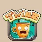 双子のような文字「Twinz」と驚いた表情のオレンジ色のカップが描かれたイラスト。