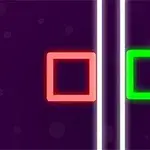 紫色の背景に、白い縦線を挟んで赤い四角形と緑の四角形が並んでいる画像。