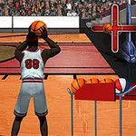 バスケットボール選手がコートでシュートを打とうとしている後ろ姿のイラスト。