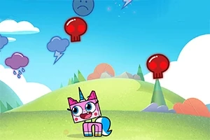 カラフルなユニコーンのキャラクターが緑の丘の上に立ち、空には顔のついた雲や赤いドクロの風船が浮かんでいる。