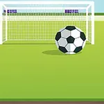 サッカーゴール前に配置されたサッカーボールがある緑のフィールドのイラスト。