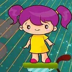 紫色の髪をしたキャラクターが黄色の服を着て立っている背景にカラフルな線があるイラスト。