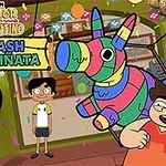 色とりどりのピニャータと楽しげな表情の少年たちのイラスト。