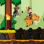森の中でキャラクターがライドして進み、別のキャラクターが障害物を越えるシーン。