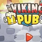 ビールジョッキと頭蓋骨のイラストが描かれた「VIKING PUB」のカラフルなロゴと背景に石壁と木の扉があります。