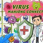 医者のキャラクターとウイルスのイラストが描かれたカラフルな背景。