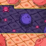 紫色の丸いキャラクターと小さなピンクのクリーチャーがグリッド状の背景に配置されている。