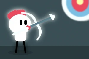 弓を引き矢を構える丸いキャラクターと的が描かれているイラスト。