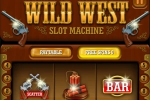「WILD WEST SLOT MACHINE」という文字、ピストルのイラスト、スロットシンボルとして描かれた交差した銃、ダイナマイト、BARのアイコンが表示された画面。