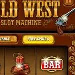 「WILD WEST SLOT MACHINE」という文字、ピストルのイラスト、スロットシンボルとして描かれた交差した銃、ダイナマイト、BARのアイコンが表示された画面。