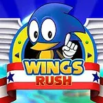 青いキャラクターが中央に描かれたデザインで、「WINGS RUSH」と書かれたリボンが下部にあり、背景に翼のイラストがあります。