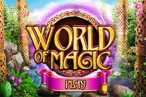魔法の世界をテーマにした森の背景に金色の大きな文字で「WORLD OF MAGIC」と記された画像。