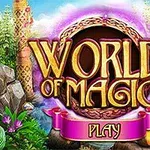 魔法の世界をテーマにした森の背景に金色の大きな文字で「WORLD OF MAGIC」と記された画像。