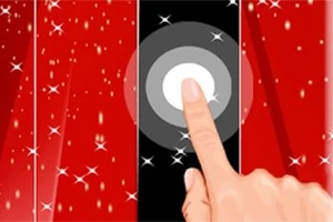 赤い背景に星が散りばめられた黒いタイルを指でタップしている画像。