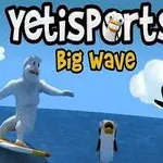 サーフボードに乗った白い雪男と空に跳ぶ2匹のペンギンが海の上に描かれている。