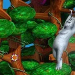 木々の間を腕でぶら下がる灰色のゴリラ。