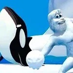 白い雪男が雪玉を持ち、後ろにシャチがいる場面。