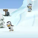 雪景色の中で踊る雪男とペンギンたち。