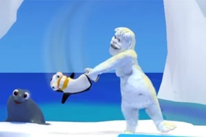 氷の背景の前でペンギンを持ち上げる雪男とアザラシ。