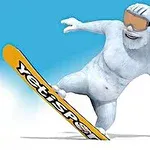 雪男がスノーボードで雪の中を滑っているイラスト。