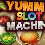 カラフルな文字と様々な食べ物（ドーナツ、ハンバーガー、キャンディなど）が描かれたスロットマシンの画面。