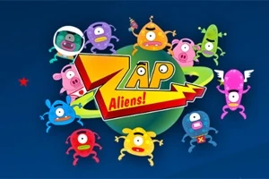 カラフルなエイリアンたちが緑色の惑星の周囲に配置され、中央に「ZAP Aliens!