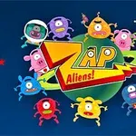 カラフルなエイリアンたちが緑色の惑星の周囲に配置され、中央に「ZAP Aliens!