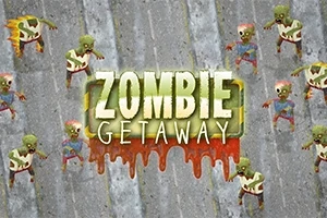 ゾンビのイラストが背景に散らばり、中央に「ZOMBIE GETAWAY」の文字が配置されています。