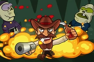 カウボーイの男性が銃とボトルを手にして炎の前でゾンビと対峙しているイラスト。