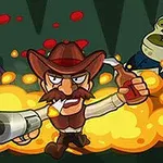 カウボーイの男性が銃とボトルを手にして炎の前でゾンビと対峙しているイラスト。