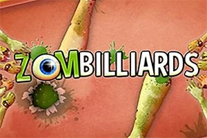 ピンク色の背景に「ZOMBILLIARDS」というテキストが大きく描かれ、周囲にゾンビの腕が伸びているイラスト。